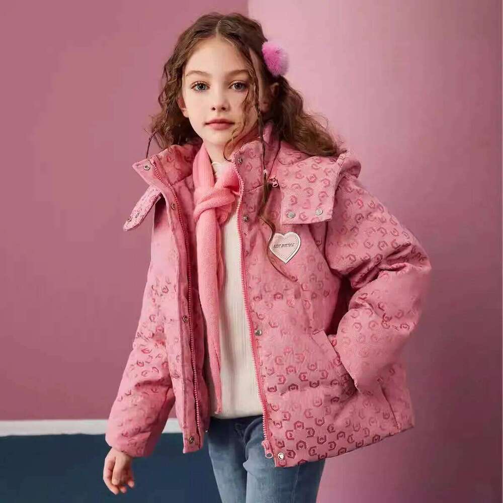Winter Warm Girls Pink All-Over Print Crop Hooded Zip Puffer Jackets School Kids Thick Coats Children Outfit Windbreaker 5-16 Yr