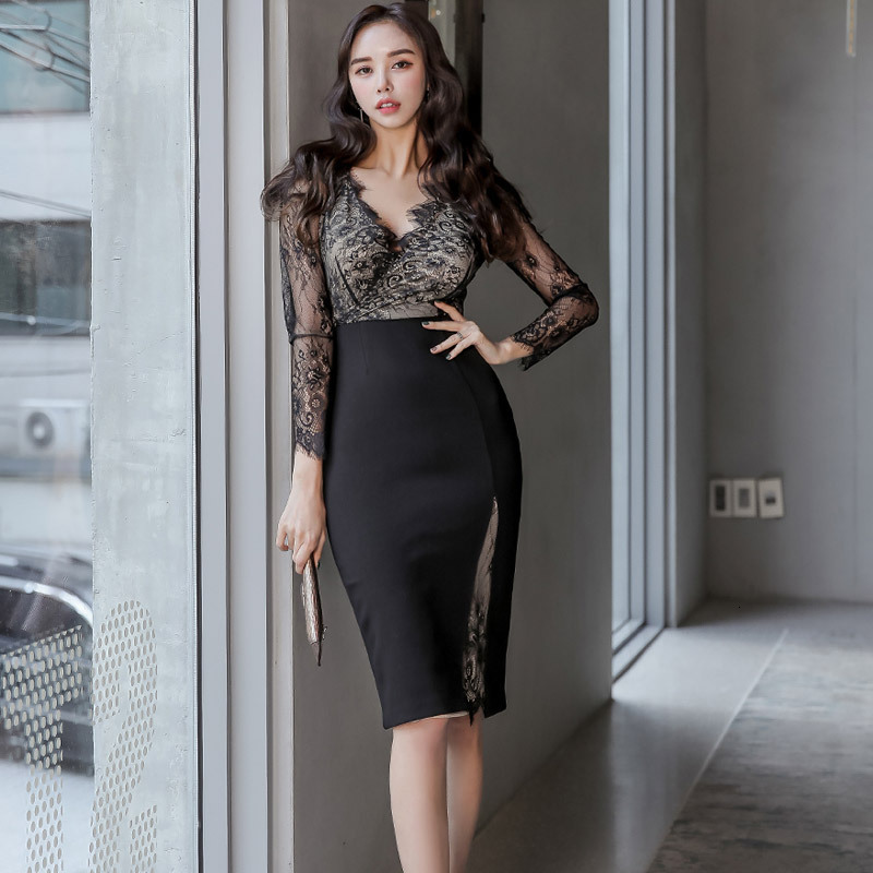 Designer Sexy Dress 2025 Autumn/Winter New Elegant Social V-neck Lace Patch Fashion Tight Dress