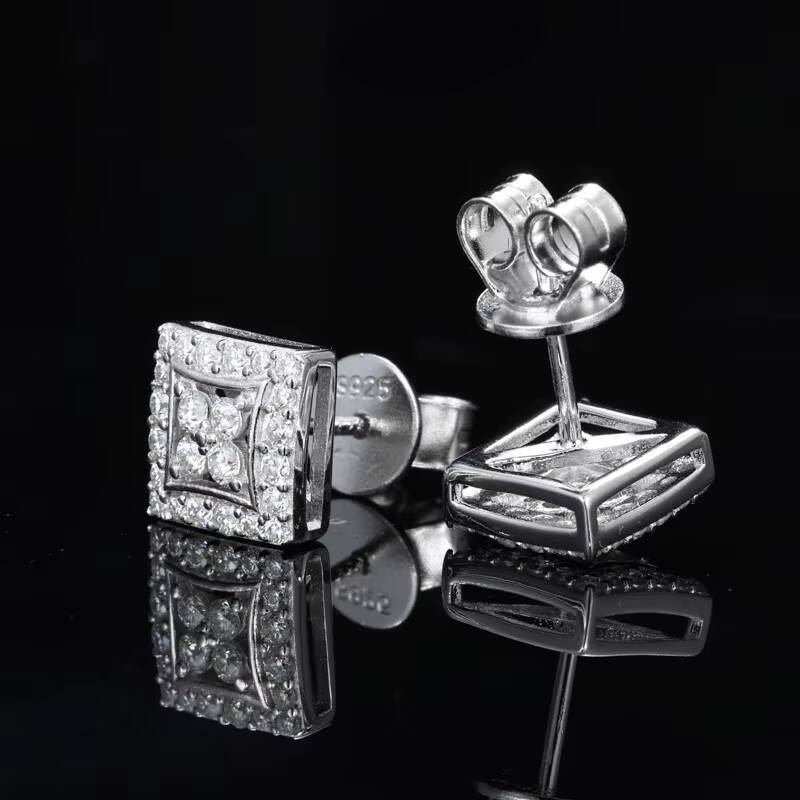 S925 Silver Moissanite Stud Earrings Simple Square Studs Hip Hop Ear Jewelry with Stock