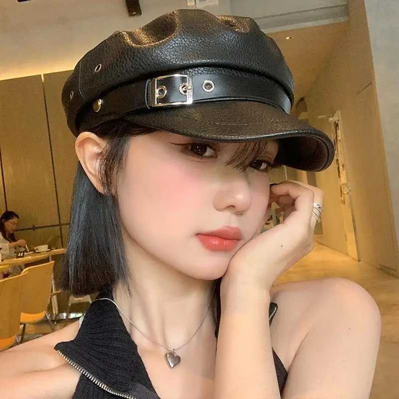 Fashion Wen Berets Black Pu Leather Flat Top Newsboy Cs Vintage Sunscreen Flat Y2k Gils Punk Style Beret Cs Y251025
