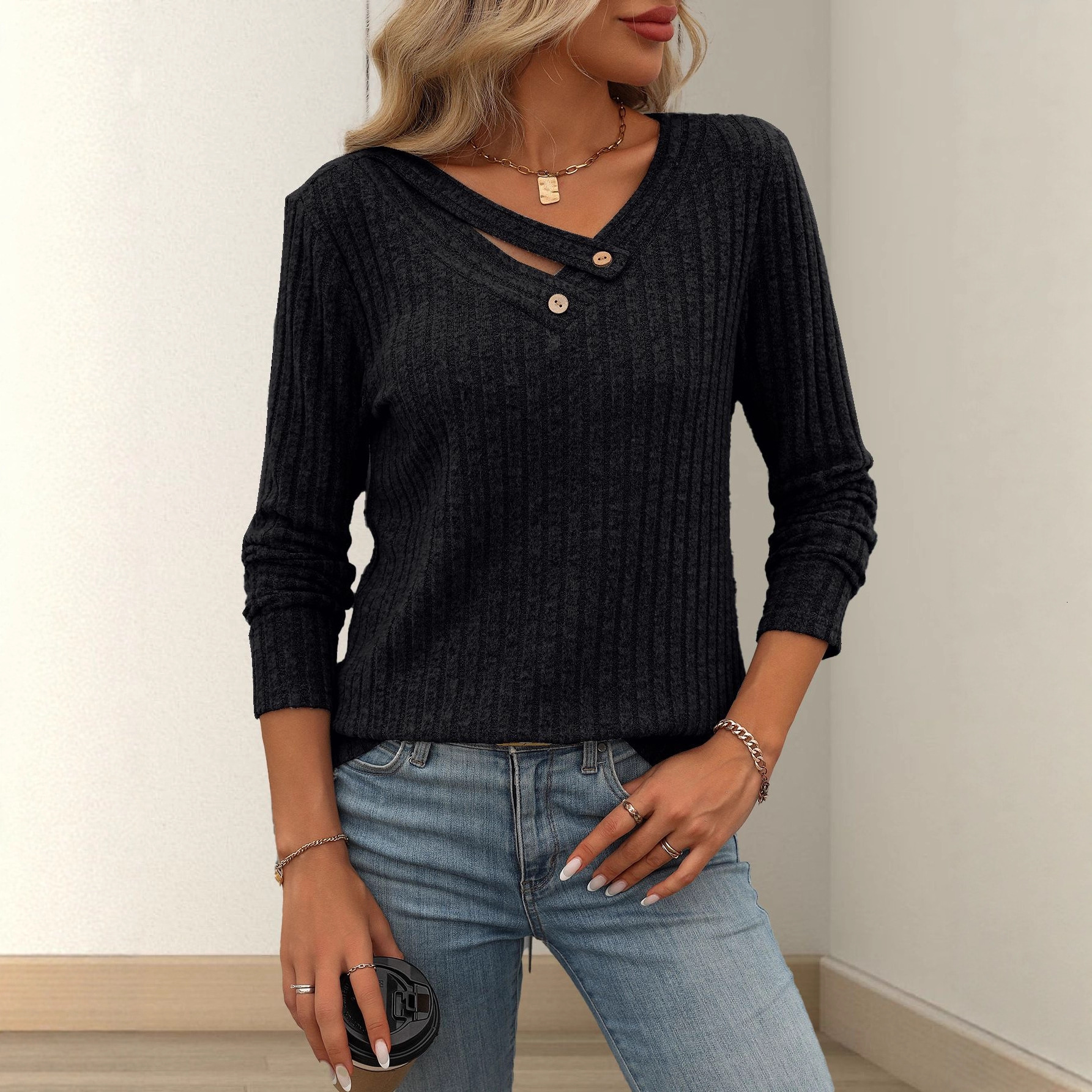 2025 New Womens Clothing Independent Knitted Top Long Sleeve Button Solid Color Vneck Women