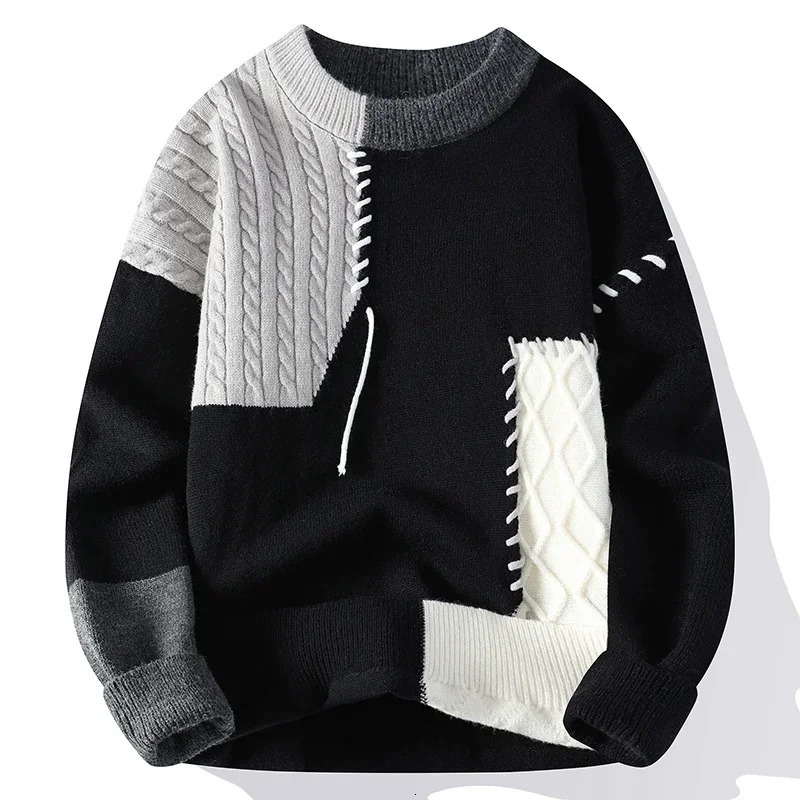 2025 Male Patchwork Sweater Trend High Street Fashion Autumn and Winter Warm Mens Hiphop Clothing Men pullover shirt 251015
