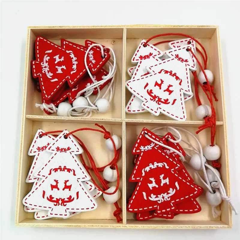 New 12pcsSet Christmas Decoration Pure Wood Pendant Elk Bell Snowflake Stars Wood Pendant Christmas Tree Pendant Decor Supplies C251024