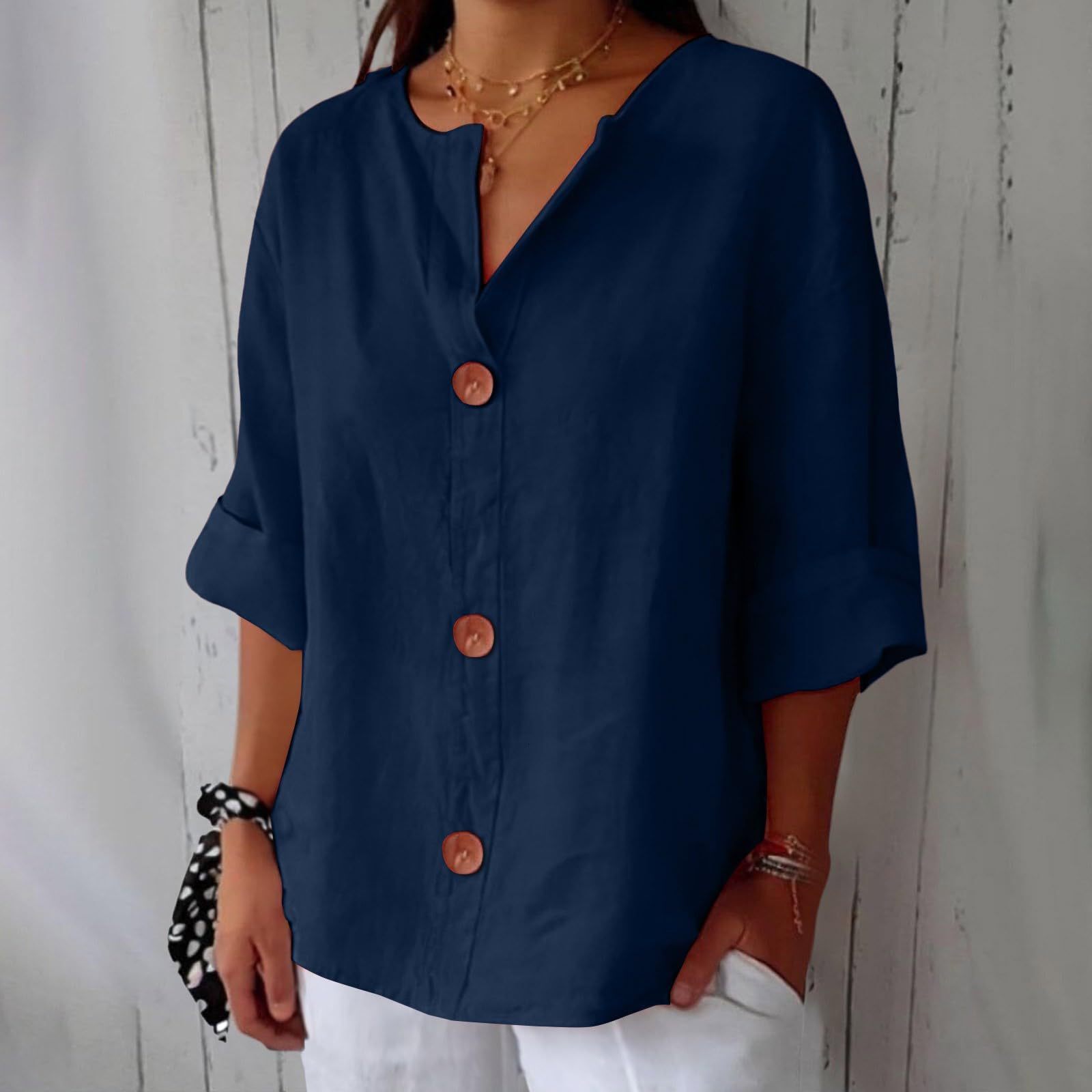 2025 Spring/Summer New Loose T-Shirt Women's V-Neck Cotton Linen Button Top