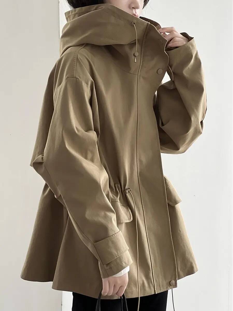 Cotton Khaki Hooded Trench Women's Autumn And Winter New Short Coat Retro Casual Loose Top dongdumaoyi