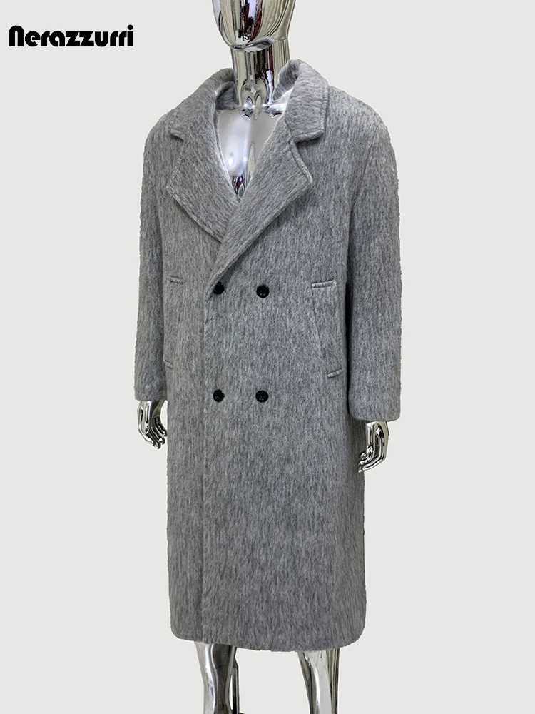 Nerazzurri Spring Winter Long Thickened Warm Gray Woolen Coat Men Shoulder Pads Double Breasted Elegant Wool Blend OvercoatT251025