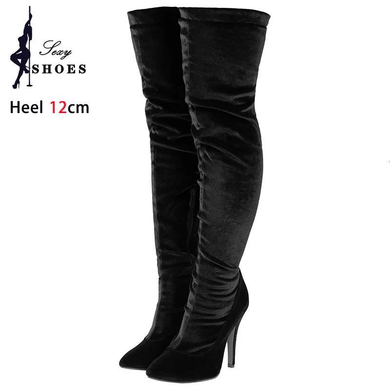 Velvet Long Boots For Women 2024 Spring Autumn Over Knee Shoes Lady Pointed Toe Stiletto Heels Plus Size Elastic Thigh Boots 251023