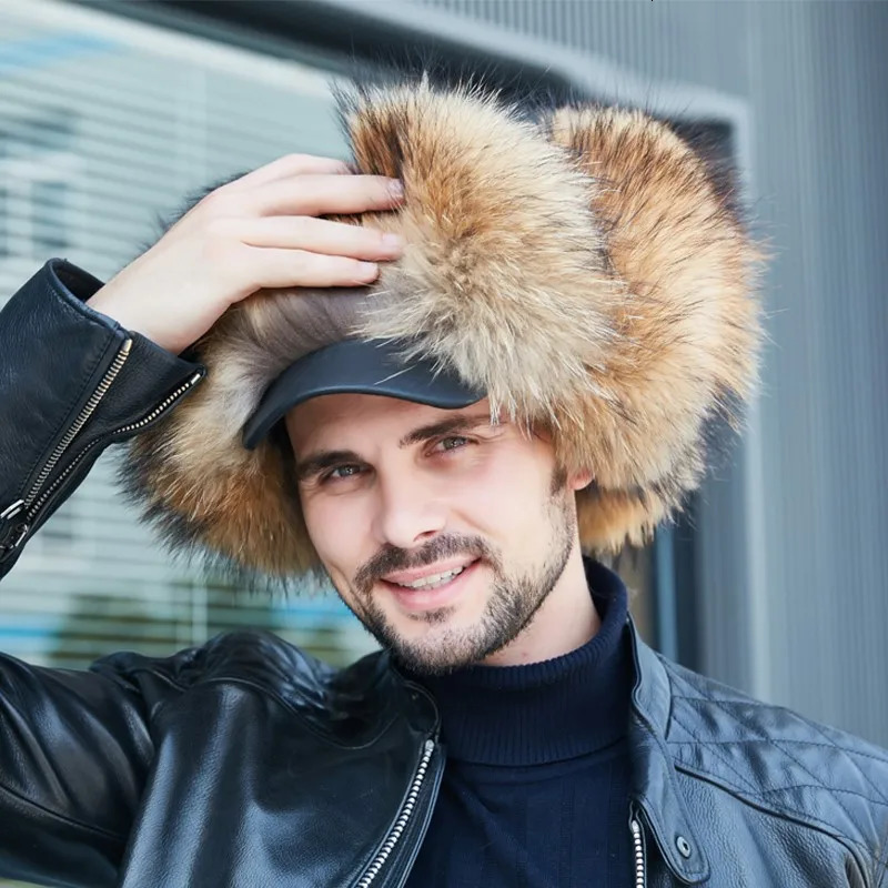 Real Fox Fur Hats Men s Winter Lei Feng Hat MiddleAged Elderly Outdoor Thickened Raccoon Fur Cap Warm Sheep Leather Bomber Hat 251024