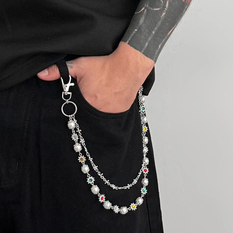 IEFB Hip Hop Pearl Flower Jeans Chain Male Female Waist Chains Double Belt Laps Clothing Accessories Rock Trend 9X103 251023
