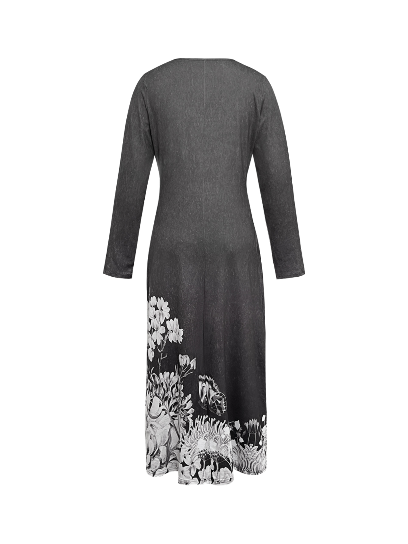 Autumn Winter New Women's Fashion Office Mom Style Floral Printed Long Sleeve Midi Dress, Milk Silk Black Gray Dress, S-XXL--CF56281