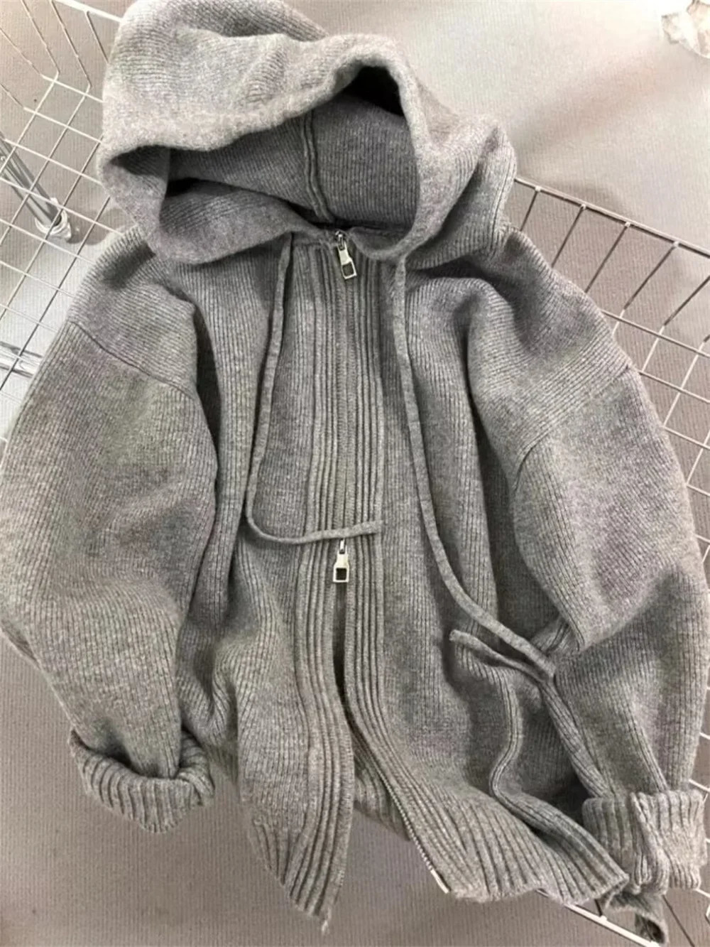Korean Gray Hood Sweater Outerwear Women Loose Spring Autumn and Winter Outdoor Thickened Knitted Double Zipper Hoodie Coats 251013