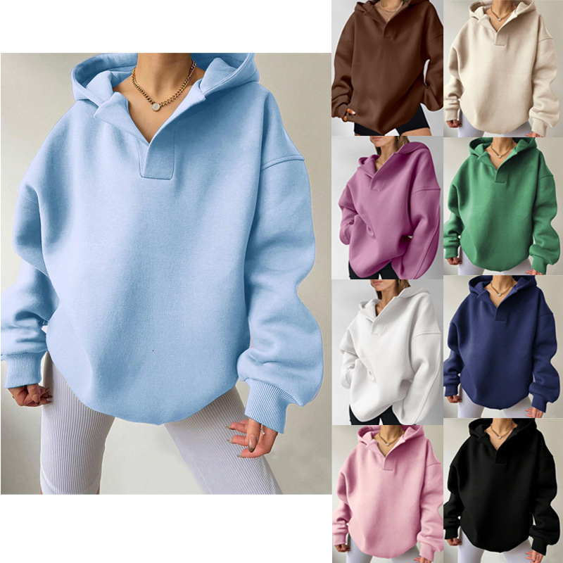 2025 Autumn Winter Women's Solid Color Long Sleeve Hooded Loose Fit Sweatshirt for Women