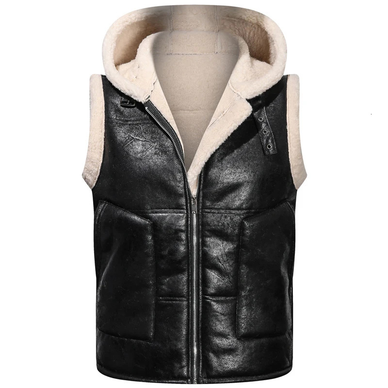 Winter Mens Fleece Warm PU Leather Vests Classical Men Faux Fur Motorcycle Leather Vests Men Windbreaker Hooded Vests Clothing 251020