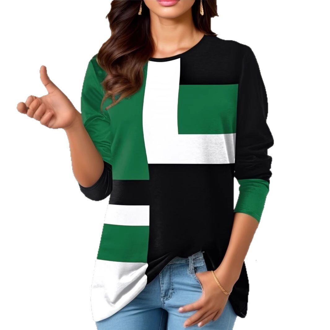 Women's Clothing New Geometric Color Block Long Sleeve T-Shirt