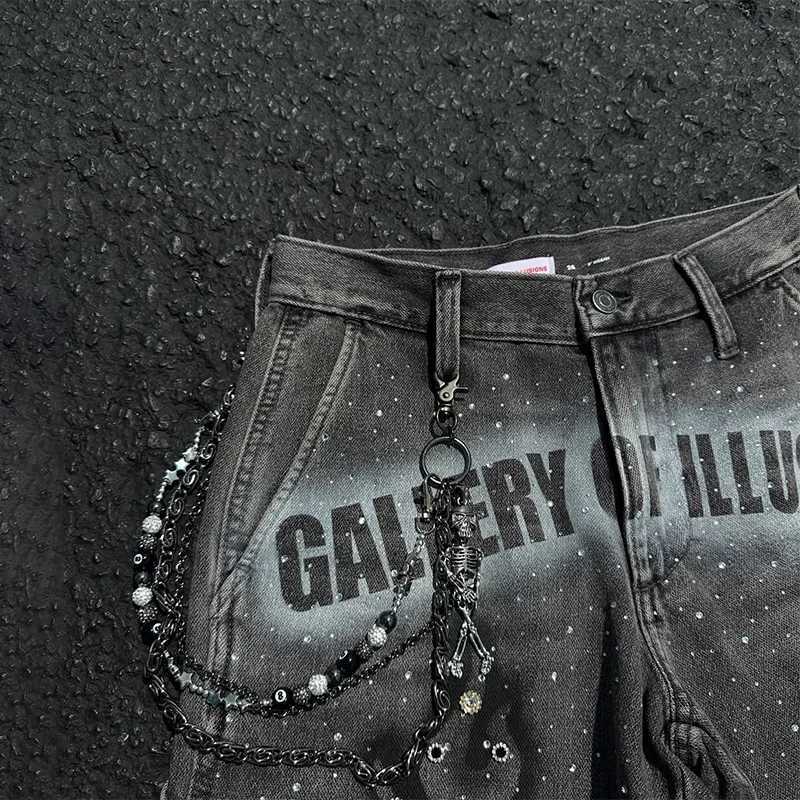 Y2K Fashion Distressed Jeans Retro Rhinestone Flame Pattern Printing Casual Washed Denim Shorts Men Women High Waist StreetwearXJ251025