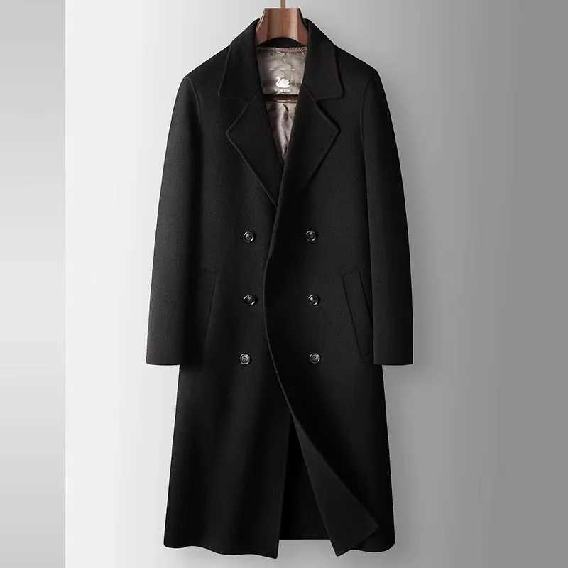 2025 AutumnWinter New Mens 100 Wool Coat Knee length Double breasted Goose Down Inner Tank Thickened for WarmthT251025