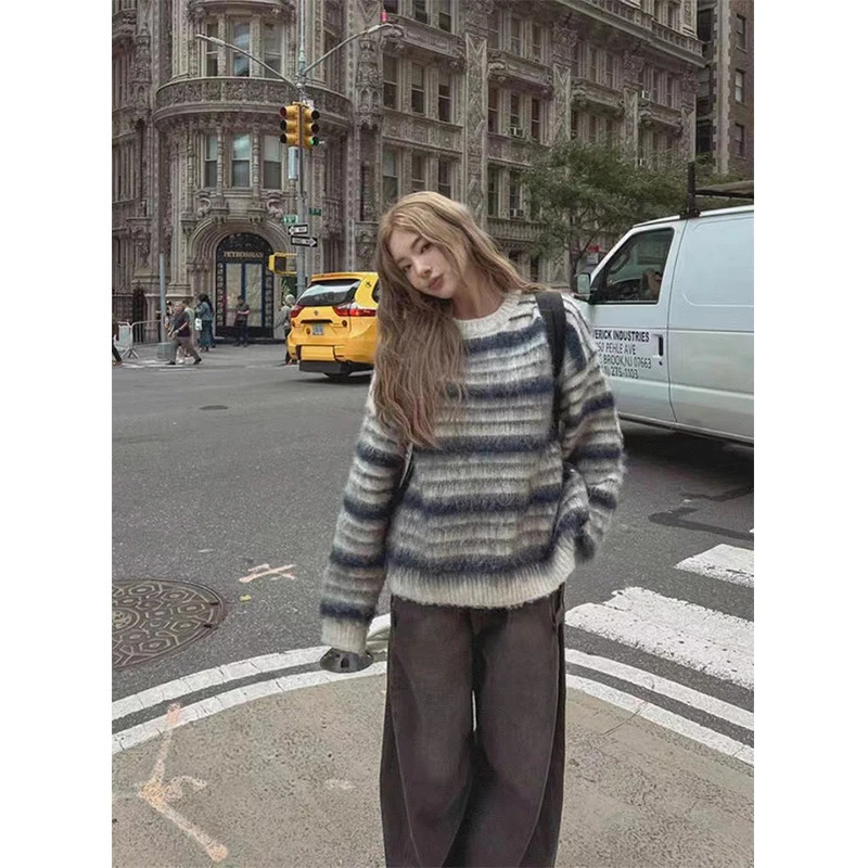 Harajuku Striped Sweater Women Vintage Long Sleeve Knitted Pullovers Winter Korean Patchwork Knitwears O Neck Casual Jumpers 251023