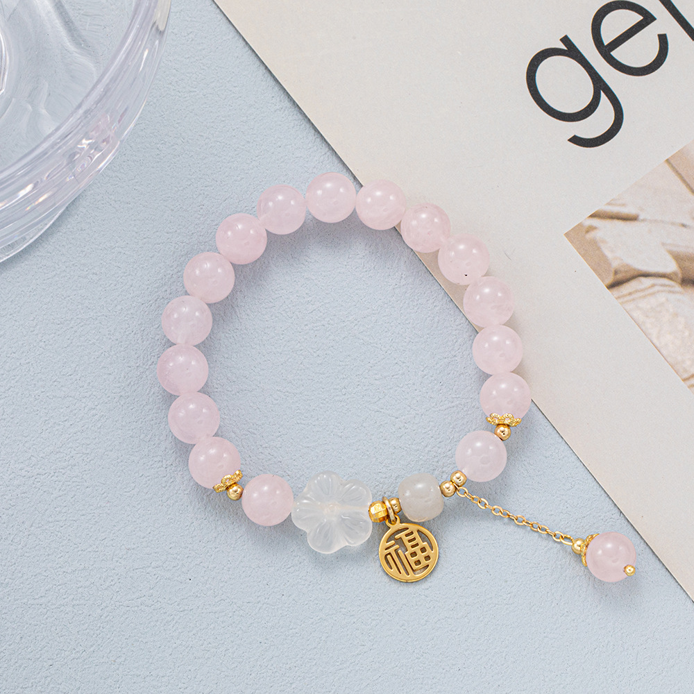 Women's Natural Crystal Bracelet with White Agate Peach Jade Beads