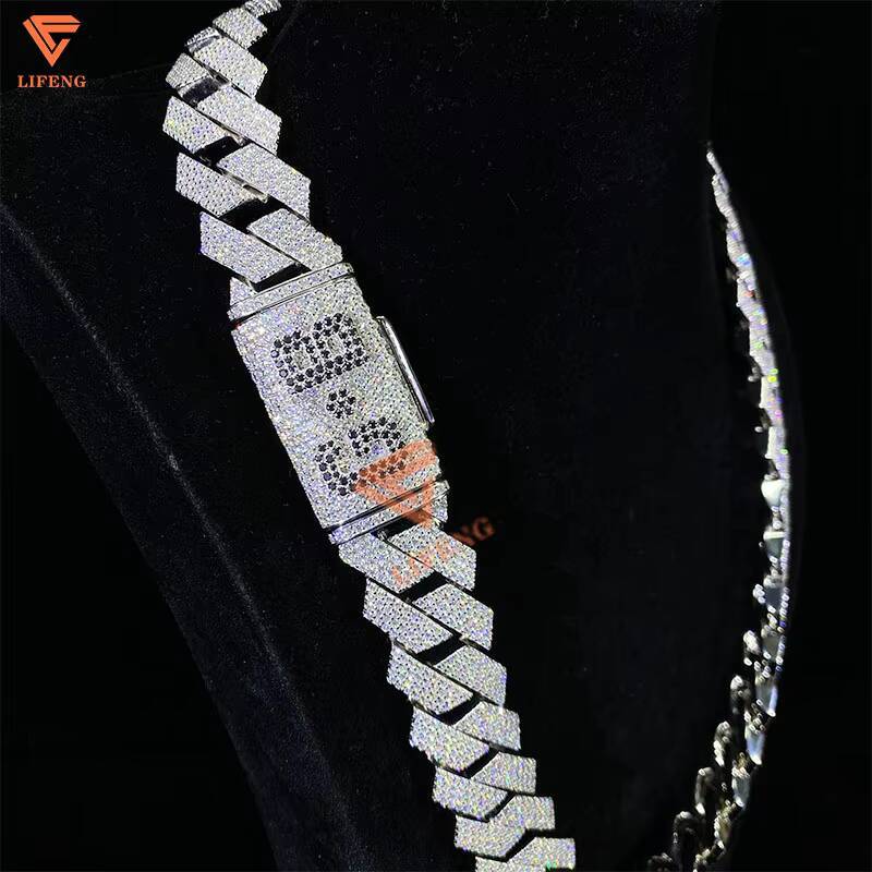23MM Black Letters VVS Moissanite Heavy Cuban Link Chain White Rhodium Plated 925 Silver Hip Hop Jewelry Big 925 Necklaces