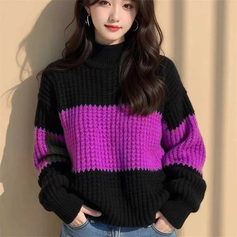 Cross Border Color Blocking Thick Thread Loose Sweater Womens New Winter Fashionable And Stylish Unique Knitted Lazy Base TopT251025