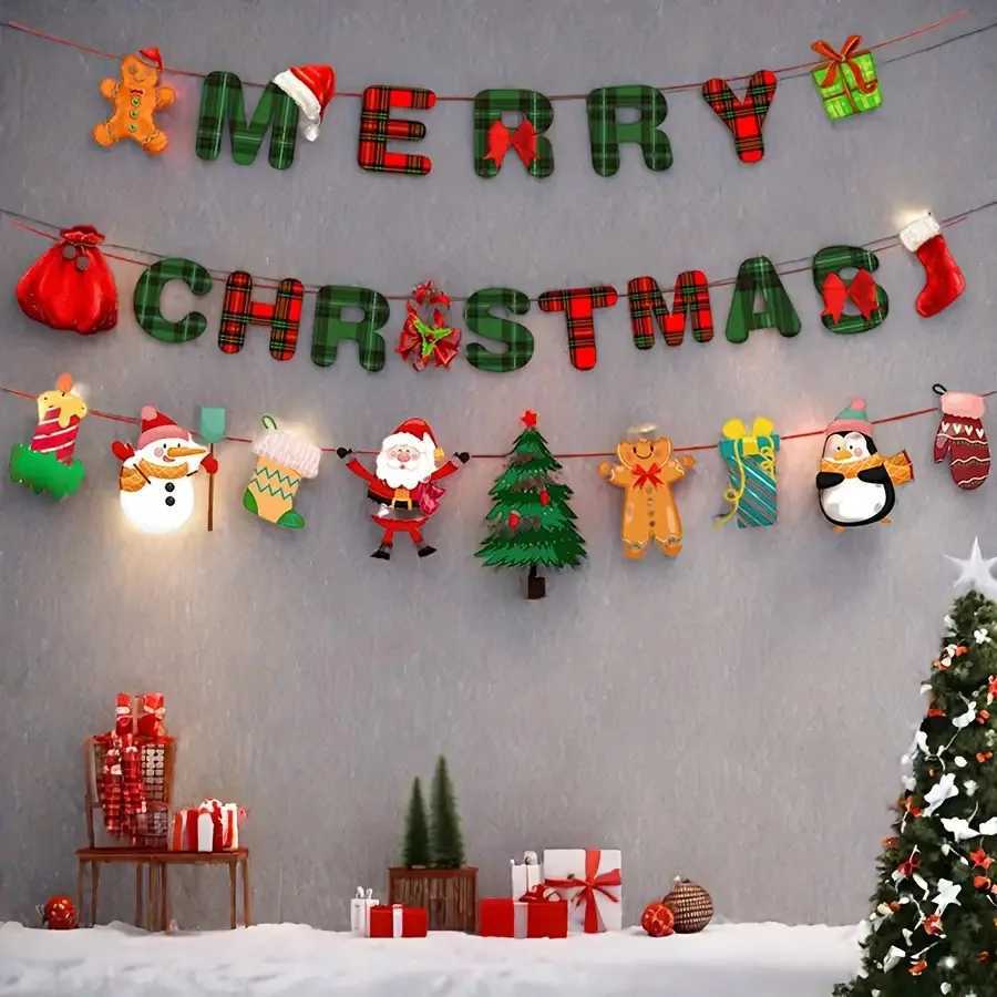 1set Merry Christmas Banners Decoration Santa Claus Snowman Paper Hanging Banner Red Green Xmax Pendant Christmas Decorations C251024