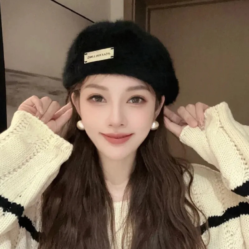 Winter Rabbit Fur Beret Hat Women Reversible Beanie Unisex Slouchy sboy Cap Solid Color Painter Knit for Cold Weather 251023