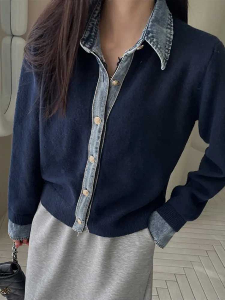 Knitted Autumn Cardigan Women Denim Patchwork Fashion Ladies Cardigans Korean Style Loose Casual Woman Sweater CoatsT251025