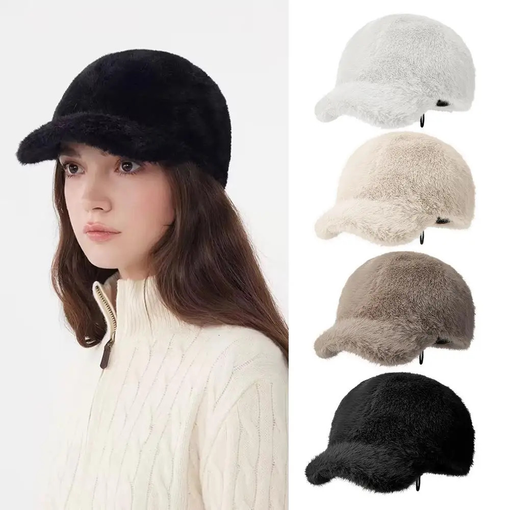 Faux Fur Baseball Cap Solid Color Warm Plush Thick Adjustable Outdoor Warm Winter Cap Soft Fluffy HipHop Hat Visor Peaked Hat 251023