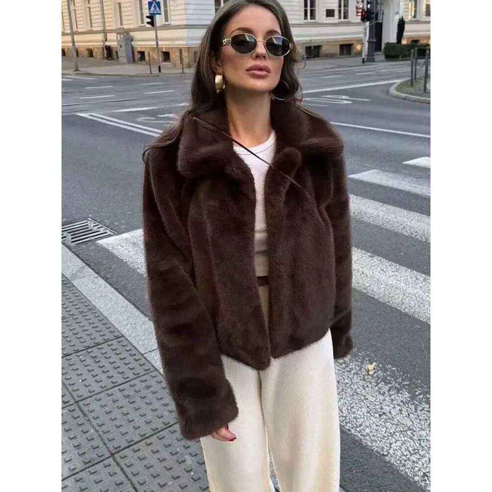 Winter Women's Fashion Faux Fur Warm Coats Solid Long Sleeves Lapel Single Breasted Pockets Chic Coat Vintage Outerwear