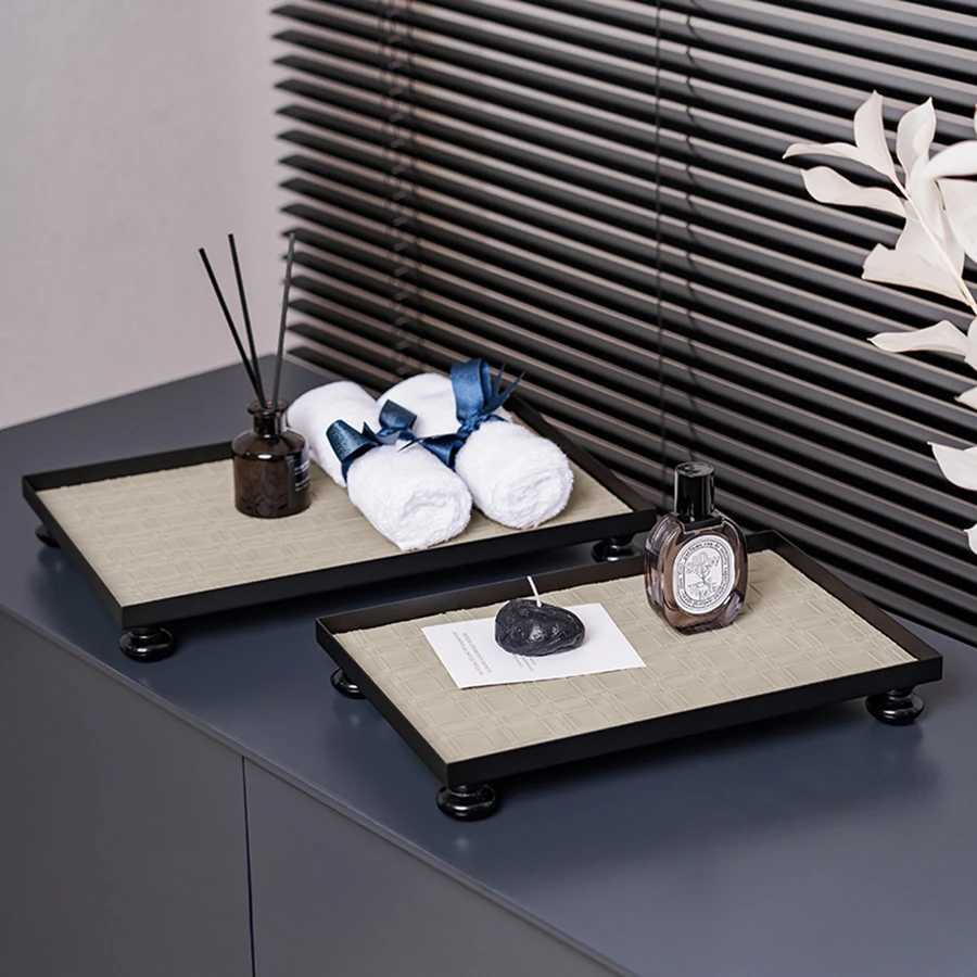 Nordic Bathro Organizer Metal And Leather Storage Tray Jewelry Plate Lipstick Holder Sundry Per Tray Trinket Ring Dish Y251025