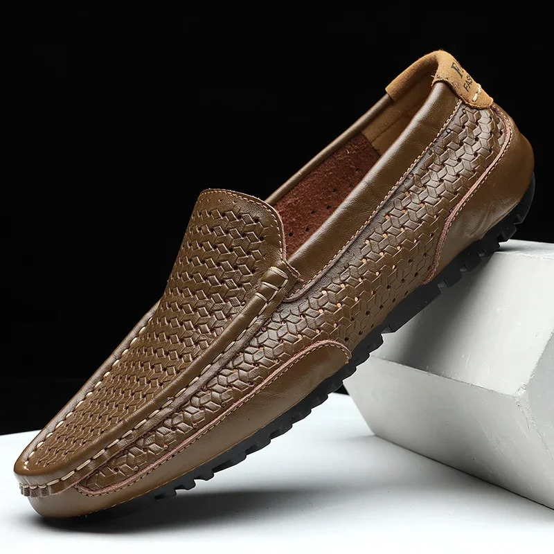 Summer Men Casual Shoes Genuine Leather Mens Loafers Moccasins Hollow Out Breathable Slip on Driving Shoes 251023
