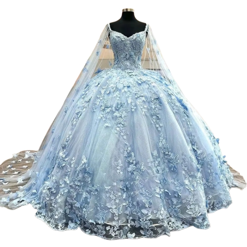 Light Sky Blue Butterfly Lace Quinceanera Dresses With Long Wrap Spaghetti Sleeveless Ball Gown Celebrity Party Dress 16 Yearls Old Junior Girls Birth