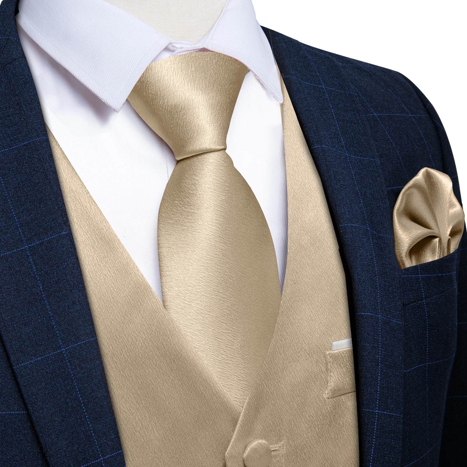 4Pcs Mens Champagne Satin Solid Suit Vest with 8cm Neck Tie Handkerchief Cufflinks for Wedding Prom Groom Waistcoat Clothing 251024