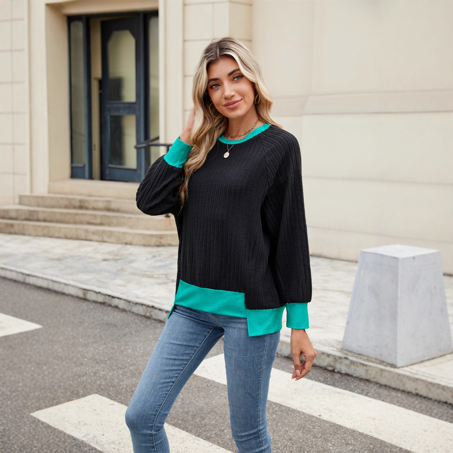 2025 Knitted Long Sleeve New Pullover Fashion Ribbed Patchwork Top for Women