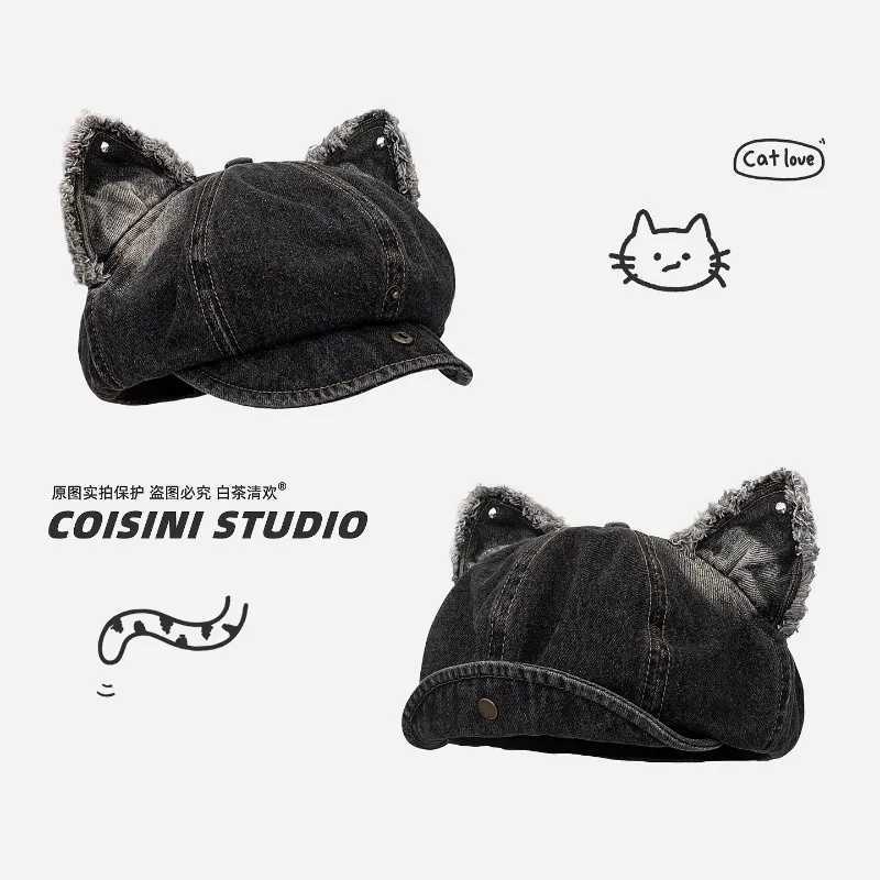 Janese Cute Cat Ear Flip Brim ed Denim Octagonal Newsboy C Wen Spring and Autumn Literary Large Version Berets Hat Y251025