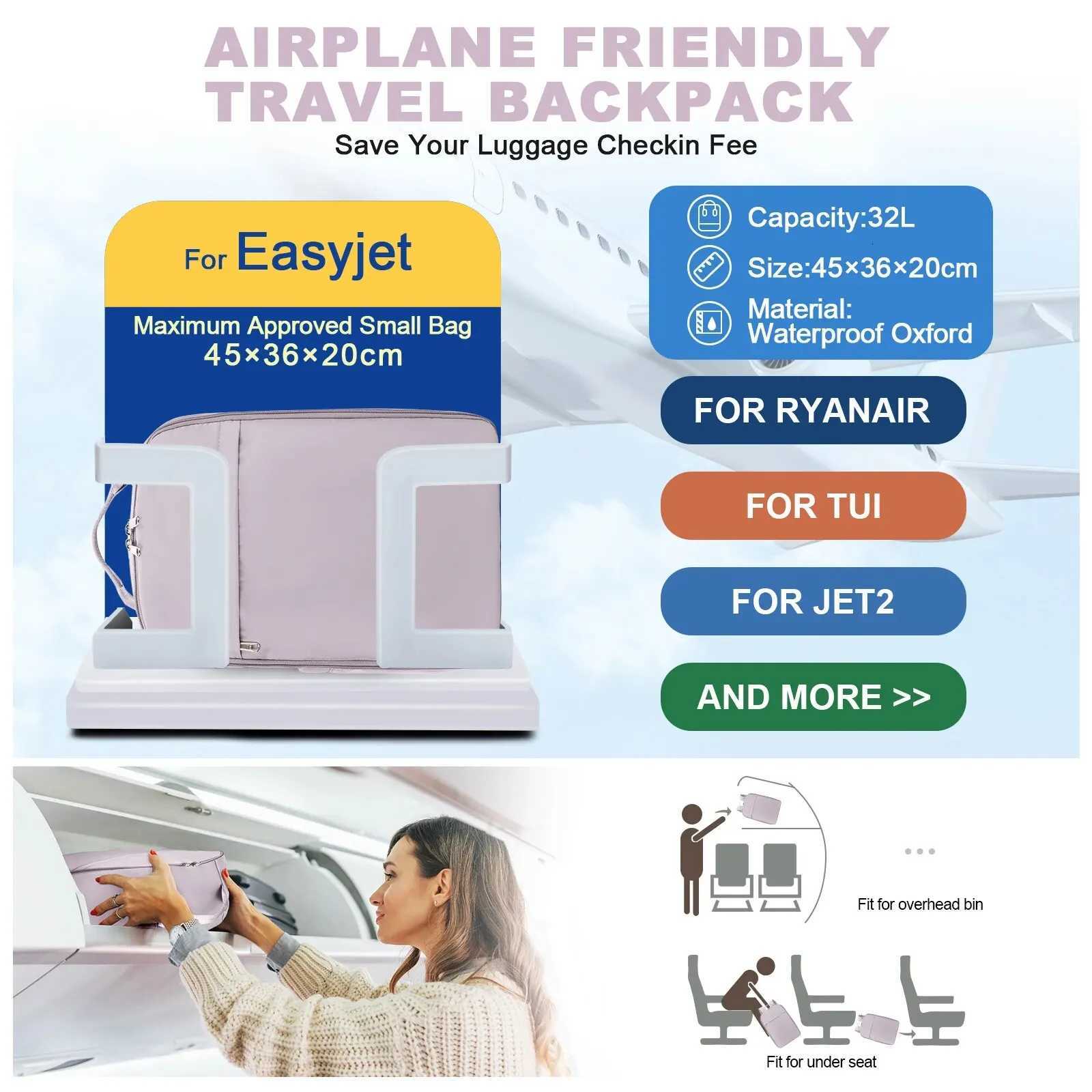 Likros Hand Luggage Backpack for Ryanair 40x20x25 Cabin Bag Easyjet 45x36x20 Lightweight Aeroplane CarryOns Travel Backpack W251025