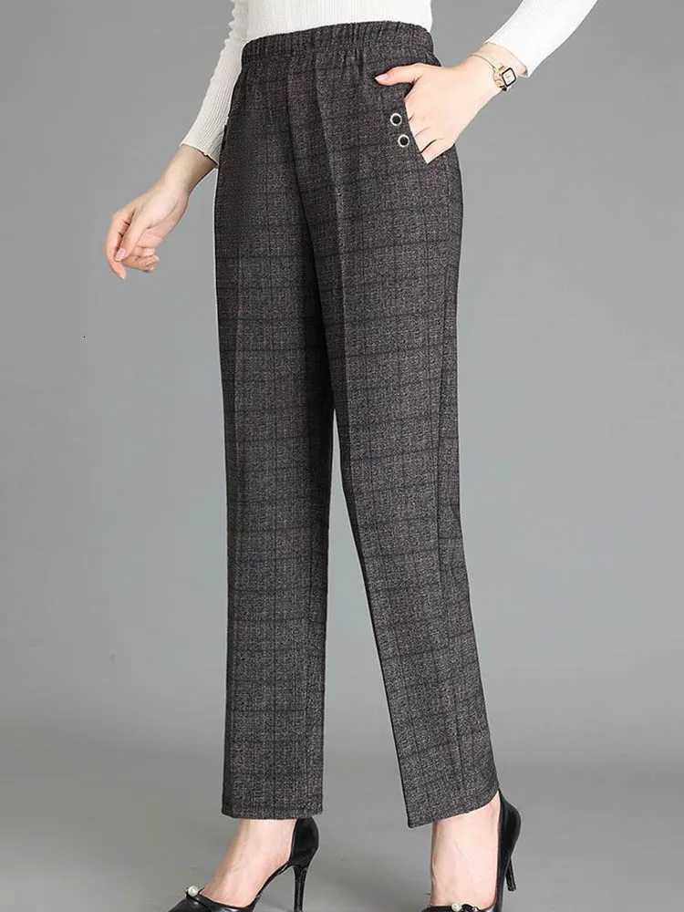 Moms Winter Thicken Striped Straight Pants Elegnt Plus Velvet Pantalones Warm High Waist Office Lady Suit Oversize 5xl TrousersT251025