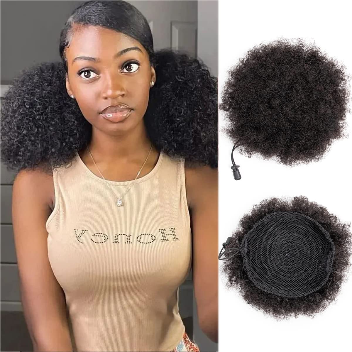 Black women's African fluffy hair drawstring ponytail 6-8 inches curly 100% human hair ponytail Black female girl