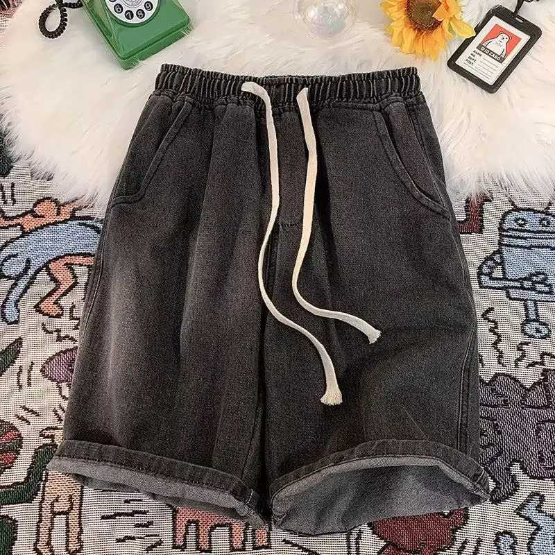 Denim shorts mens summer thin loose five quarter pants casual washed elastic waist straight leg shortsXJ251025