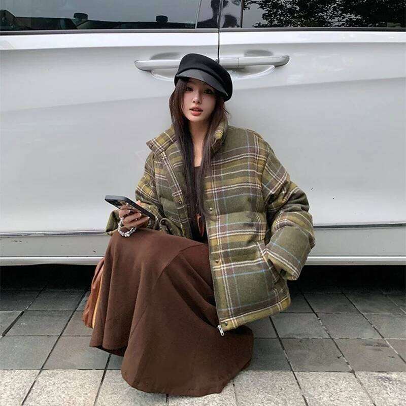 Y2k Street Plaid Print Cotton-Padded Jacket Women Winter Thicken Warm Puffy Bread Coat Korean Retro Student Down Cotton Parkas