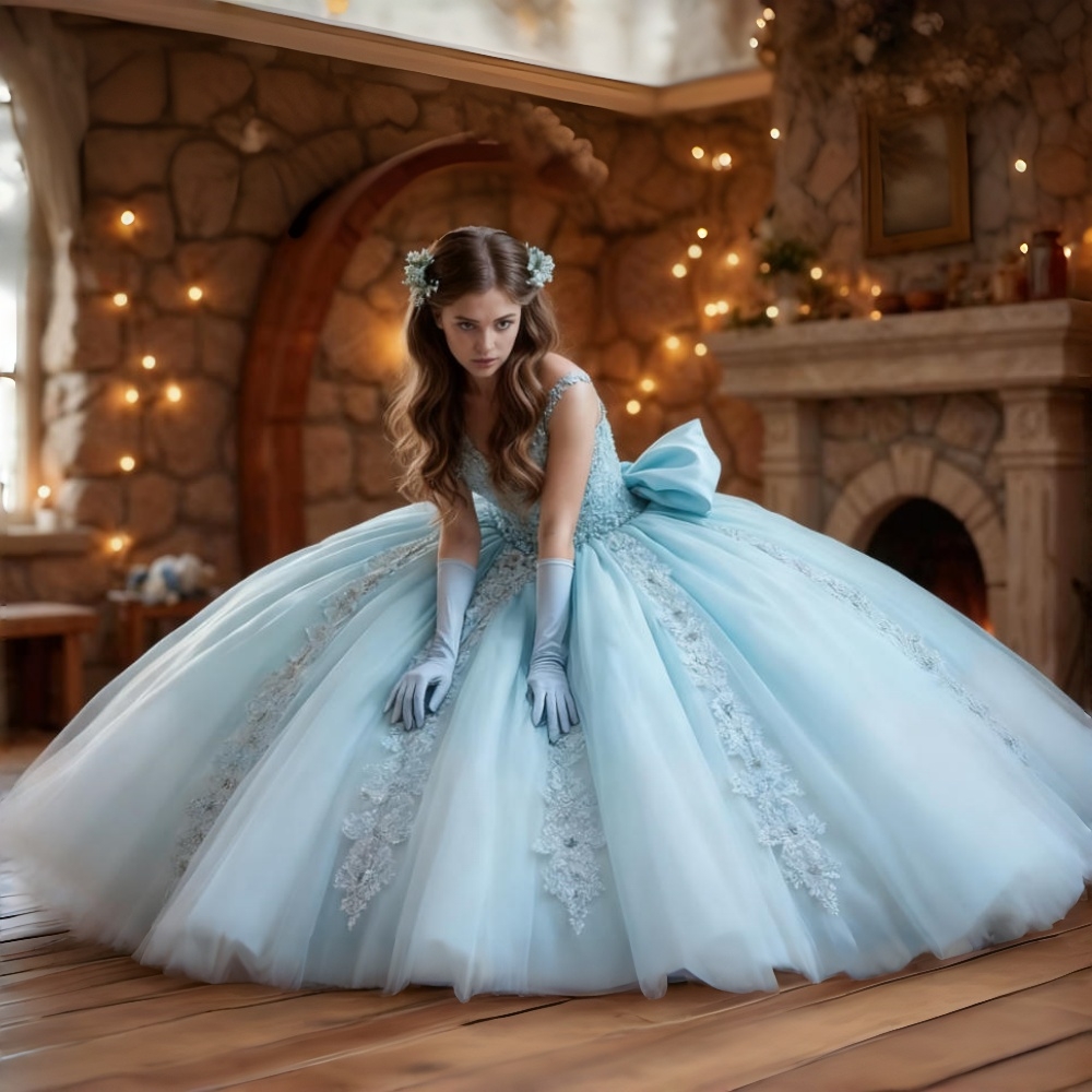 Light Sky Blue Princess Quinceanera Dresses Lace Appliques Spaghetti Straps Long Princess Boutique Dress For Junior Girls Bow Back Lace-up Elegant Swe