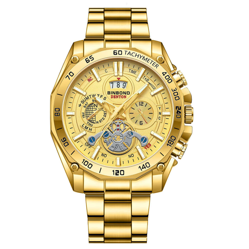 Luminous Trendy Student Men's Tourbillon Gift Steel Band Three Eyes Six Hands Decorative Watch