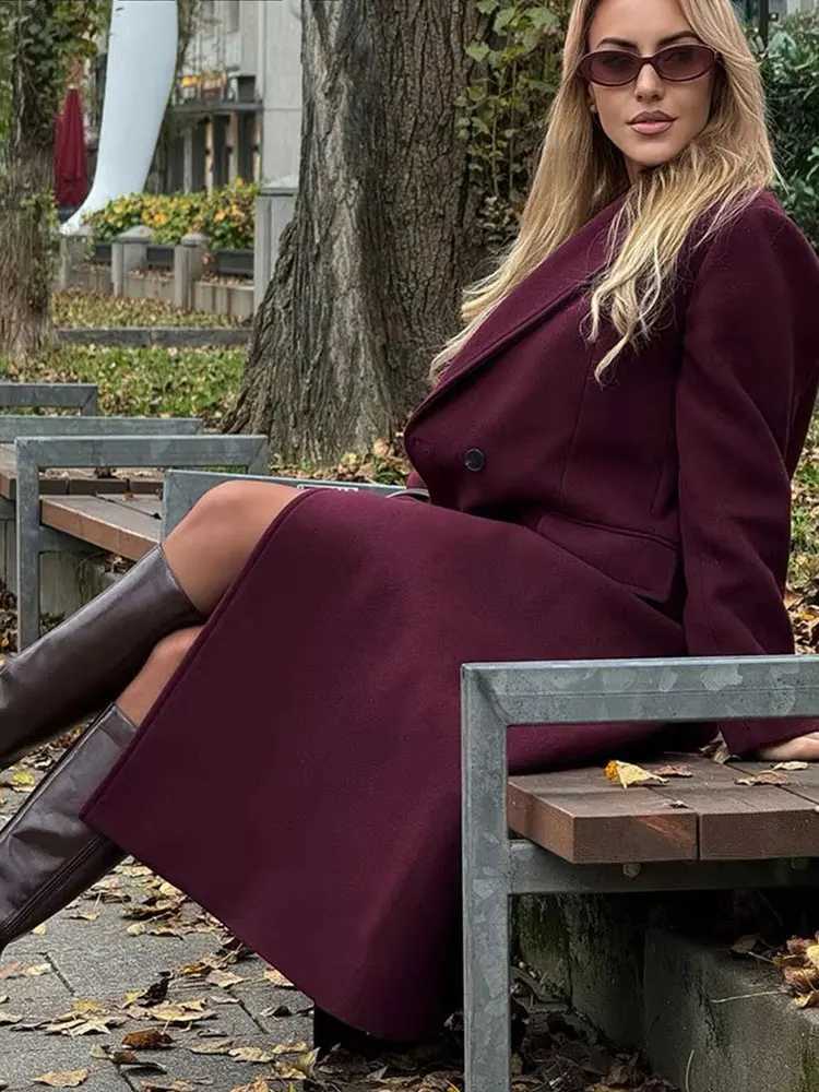 HH Women Fashion Burgundy Woolen Coat Double Breasted Long Sleeve Lapel Blends Jacket Autumn Winter High Street OuterwearT251025