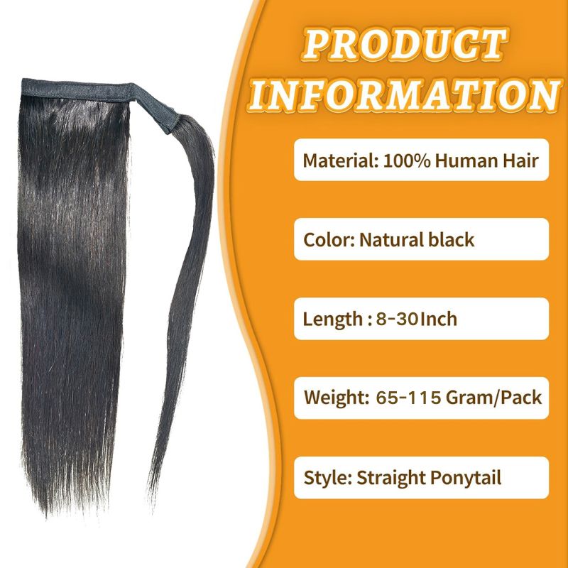 Ponytail Human Hair Natural Black 100% Remy Hair Ponytail Long Straight Wrap Around Ponytail Clip in Hair One Piece Hairpiece for Women
