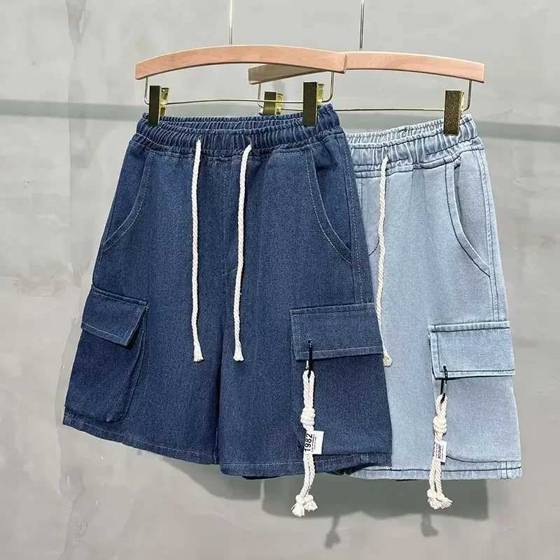 Summer Mens Drawstring Denim Shorts Casual Lightweight Blue Large Pocket Loose Fit Workwear Style for Outdoor ActivitiesXJ251025