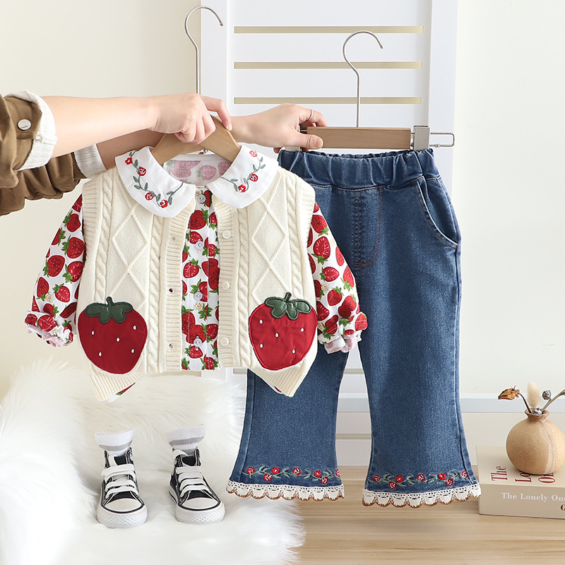 Free Shipping 2025 Girls Spring Outfit Set Strawberry Print Sweater Three-Piece Set Cute Baby Toddler Clothes Spring Fashion