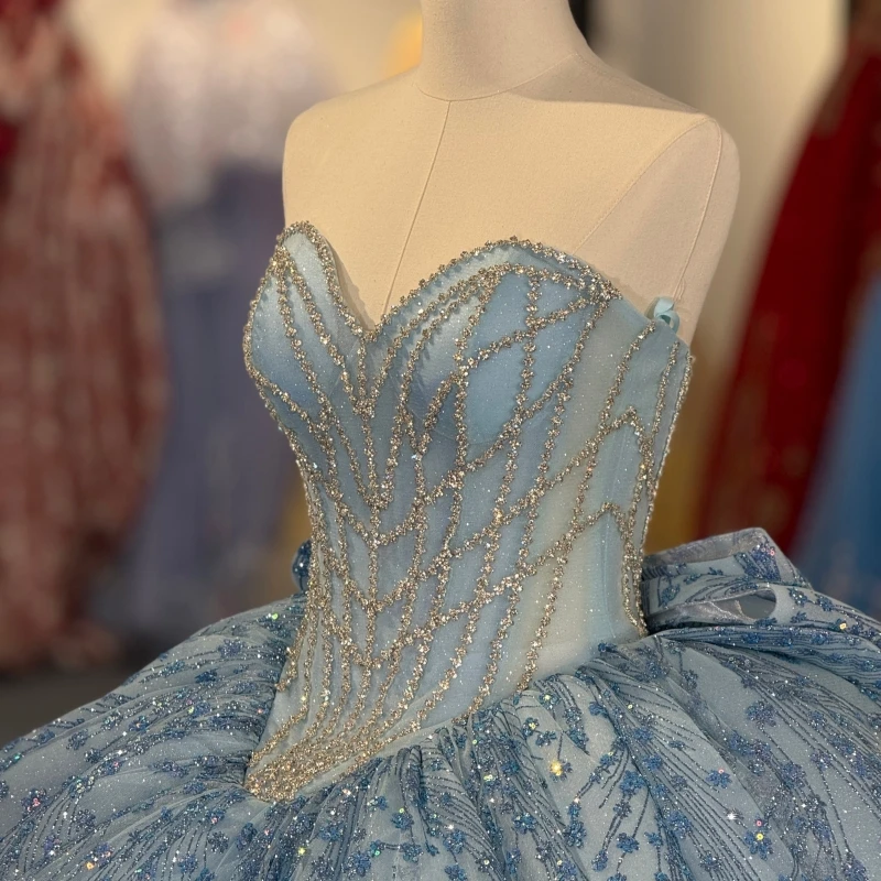 Sky Blue Quinceanera Dresses Ball Gown Off The Shoulder Applique Lace Beading Bow Corset Tiered Tull Party Birthday Sweet 16 Dress Vestidos 15 De Anos