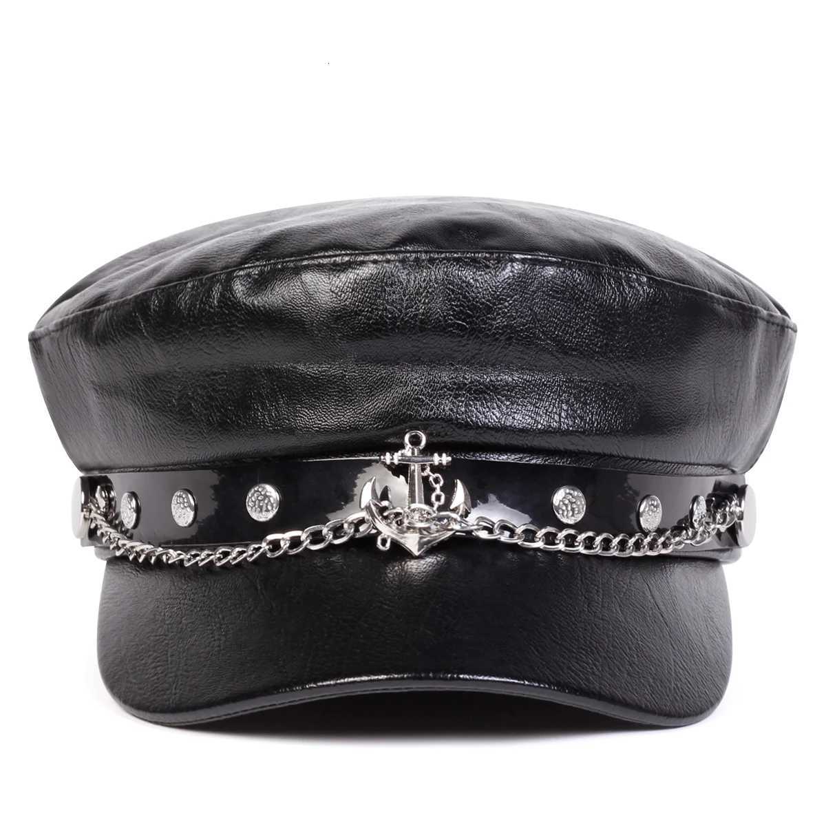 Unisex Ship Anchor Chain Buckle Leather Hat Spring Autumn Sailor Hats Black Beret C Men Flat Top Ctain Military Cs Y251025