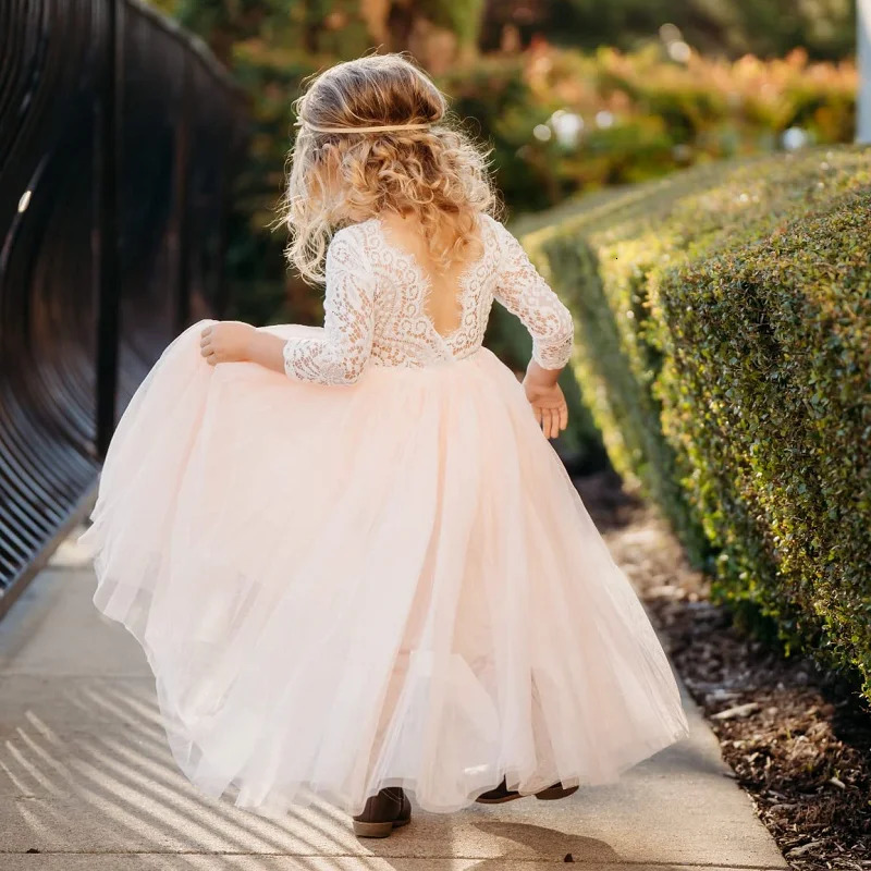 Summer Elegant Flower Girl White Wedding Lace white girl long dress Sleeve Mesh Girl Princess Dress backless girls aged 812 251023