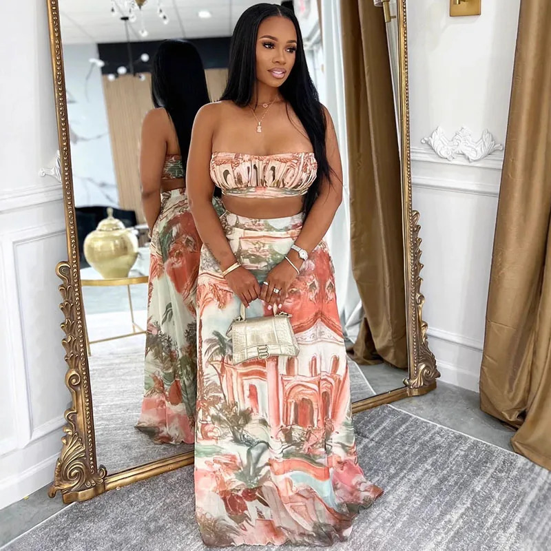 Doyerl Pattern Printing Party Dress Set Two Piece Vacation Club Wear Crop Top and Long Skirt Matching Sets Outfits 251016